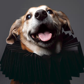 Commissioned studio portrait of a senior rescue dog wearing an oversized black ruff collar made from upcycled paper. Reflected in his eye's are smiley faces. The smiley faces were patterned on the catch light reflector with gaffing tape. 
