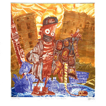 A figure wearing a surgical mask and a tiger baseball cap stands at a street corner, leaning, with his trenchcoat open: inside are all sorts of goods, including condoms, backwoods, toilet paper, used lottery tickets...