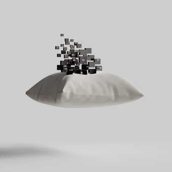 A minimalist digital artwork showing a soft, floating white pillow against a light gray background. Above the pillow, small black and gray cubes rise upward in a scattered, pixel-like formation, suggesting data, thoughts, or fragmented information emerging from a place of rest and comfort.