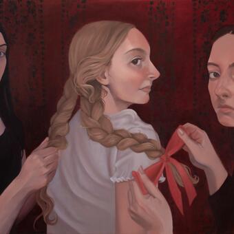 Painting of three sisters. Youngest sister in the middle having her hair braided by her two older sisters. 