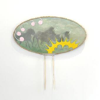 The image features an ovular artwork on a white background. The artwork is a painting of three horses running through a hazy green field which has been coated in a transparent wax. On the left side of the piece on top of the wax are several pink swirling shapes which are opposing a yellow spiky arch in the bottom, right corner. The entire piece is wrapped in a braid of blond horse hair which meet at the bottom center of the piece in two parallel braids which hang down for an additional 16 or so inches