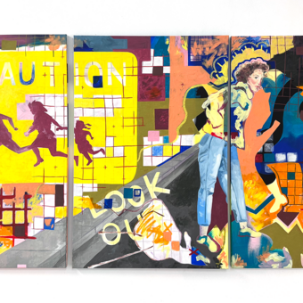 A family runs in a caution sign with a woman peering into traffic and a roadkill deer is strewn close to a sidewalk. 