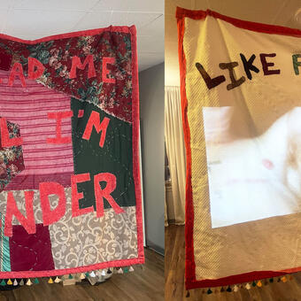 quilt and applique blanket suspended from ceiling, front and back, with video projected on one side