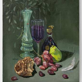 traditional still life of fruit and wine glass with the words "quiet Piggy" under the surface