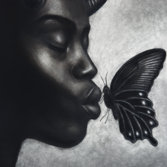 Dark, horned figure kissing a butterfly.