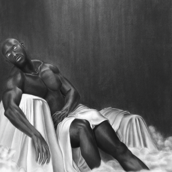 Man sitting, surrounded by white flowing fabric and clouds.