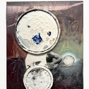 Image of a painting wherein a larger snowman-shaped white figure looms in front of and beside a small, glowing white sphere. The painting is mostly grey, white, green and dark red.