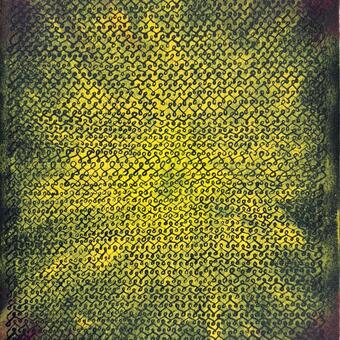 A starburst of yellow and red under a grid of curly-queues in black