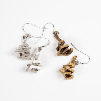 Geometric rose earrings that is composed of spiraled out box shape, twisted unto itself