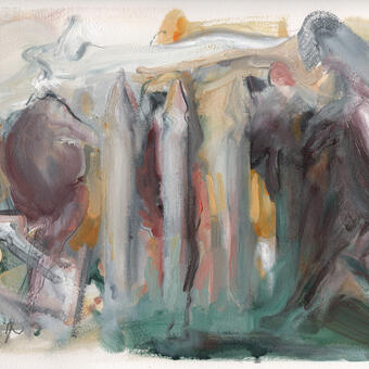 Shadowy horse figures exist in an painterly landscape with fenceposts and energetic brushstrokes 