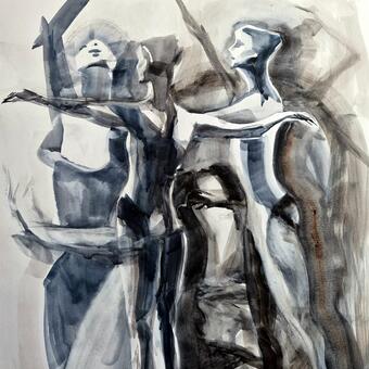 Watercolor monochromatic multi-figure image of female dancers