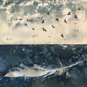 Encaustic, cyanotype, laser transfers. 10"x10" Blue cyanotype with feather, white and grey sky with birds.