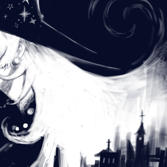 A witch looks past a grand city below her.