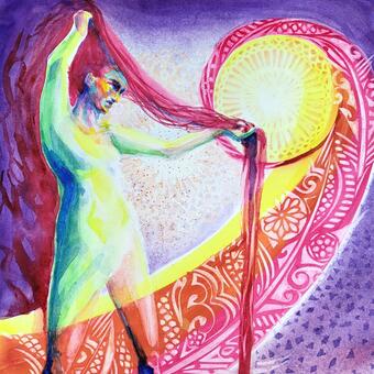 Chromatic watercolor of a woman standing on amorphous ground, gazing against a moon like light source. 