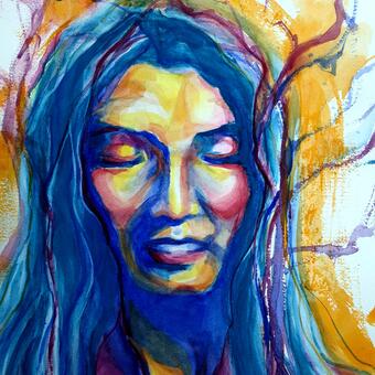 Chromatic watercolor of a woman's face, interacting with orange halo via spark like lines radiating from her.