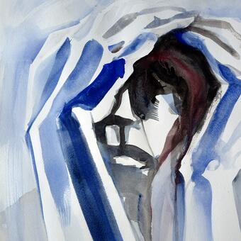 An abstract watercolor depiction of a face pressed and partially concealed by two hands.