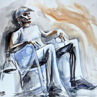 Watercolor gestural figure of a man seated on a chair depicted with restrained color pallets. 