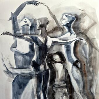A monochromatic watercolor gestural figures of dancers 