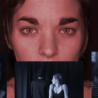An image with three blue tinted photographs of women juxtaposed on a larger red tinted image of a woman's face.