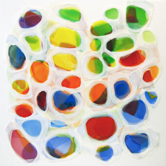 Painting of colored shapes with white circular outlines on white ground