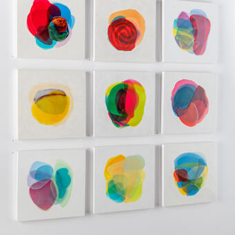 Wall installation of Blends paintings by Farida Hughes