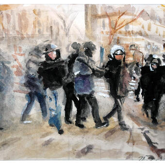 gilets Jaunes, watercolors, social protest, Paris