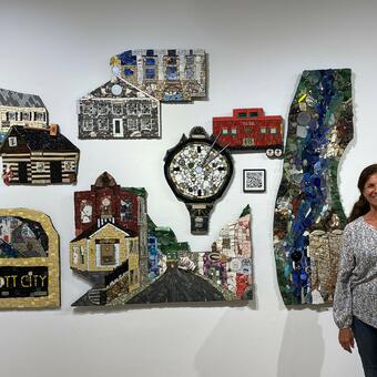 6 part mosaic mural depicting iconic images of Historic Ellicott City with the artist
