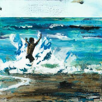 A big wave splashing on a boy. Blues, whites and browns. 