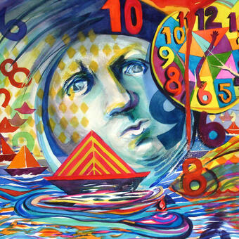 "Time and Tide" is a 22"H x 30"W watercolor from which "Rembrandt in the Moon" overlooks the comings and goings of the tides of time.