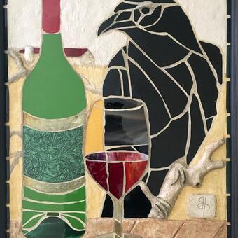 Mosaic bas relief sculpture of Black Raven perching on branch beside wine bottle and glass of red wine on picnic table with Maryland farm in background.