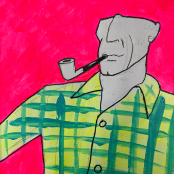 Illustration of man smoking a pipe on a hot pink background.