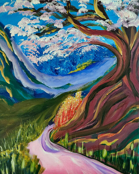 The Pink Path, 16in x 20in acrylic on canvas, Cheryl Fair 2023