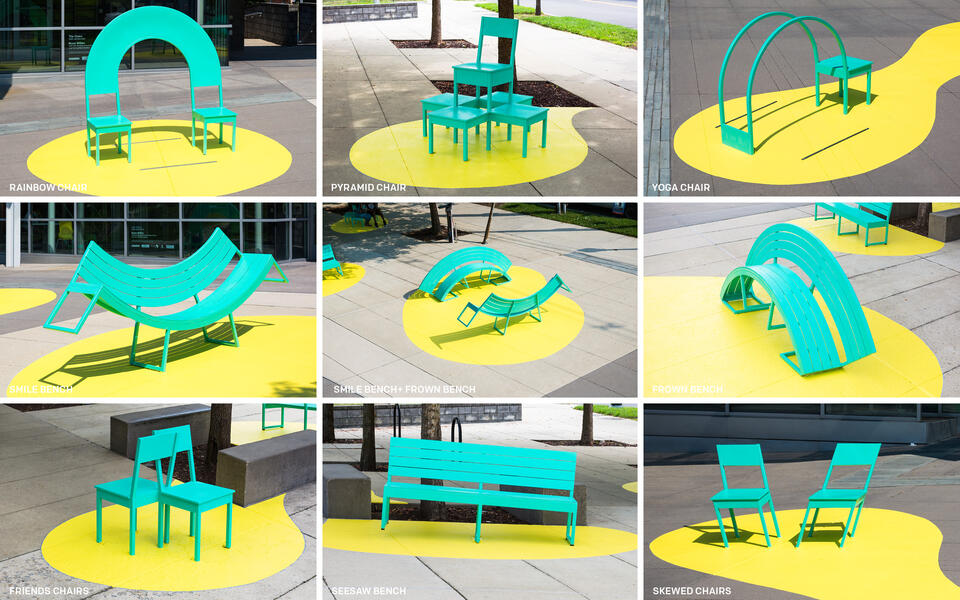 The installation comprises eight sculptural chairs and benches