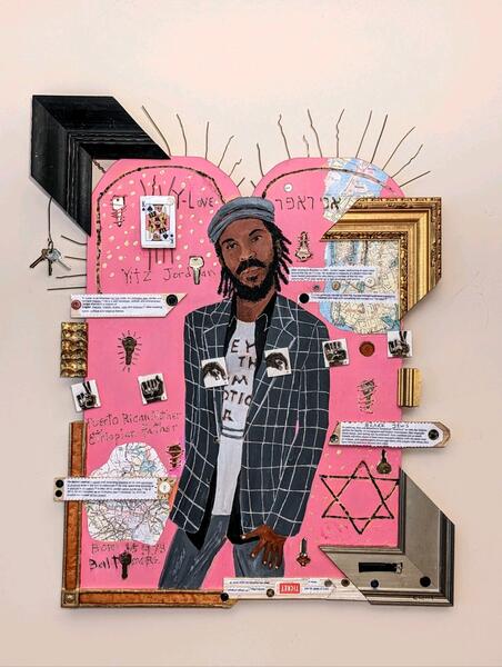 Acrylic with objects on wood. Brown skinned  male figure wering a cap and gray jacket with white window pane pattern. Pink background with text phrases placed around the body. Maps of Baltioreand Brooklyn are collaged to the lower left and upper right of the figure.  Keys are embedded into the wood.  Ornate corner frames bracket the work on for sides. A set of keys dangles from top left corner frame.  Topf of work is curved, resembling a religious tablet. Hebew text and a star are carved into the wood. 