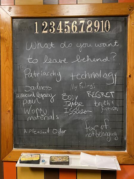 A chalkboard with the question "What would you like to leave behind?" written on it, and responses from the audience
