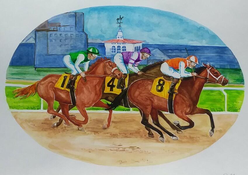PIMLICO, PREAKNESS DAY, watercolor painting on paper,  Mary Jane Oelke, 2023