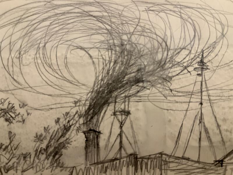Sketch of Book Bindery building Chimney with Swift murmuration before evening descent, sept 2022