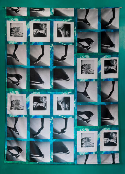 blue and green collage with black and white photograph of hands