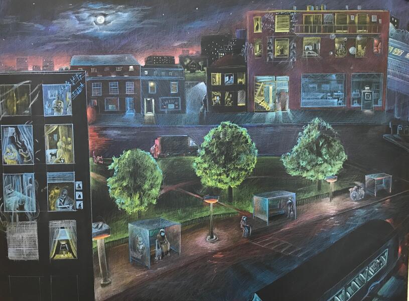 A city street with bus depot in a light rain at night. Apartment windows offer a view of people inside during the initial covid lockdown. People in masks wait in bus shelters or ride a bus that is pulling away. Colored pencils on black paper.