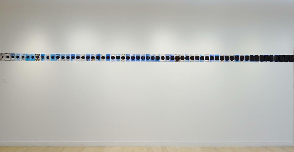 Long row of 4x6 photographs on a white wall