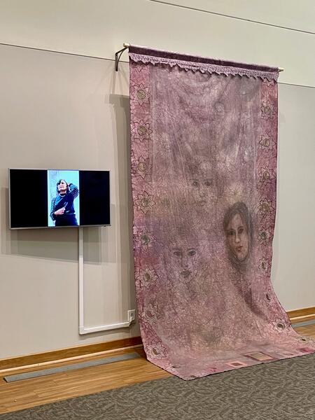 Installation view gallery shot at Irvine Arts Center, Fahimeh Vahdat Protest Performance: Cutting Off My Hair, Women, Life, Freedom Movement, 2022