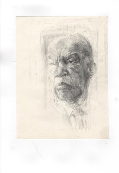 A graphite drawing of the late John Lewis with half of his face heavily in shadow and half in dark chiaroscuro