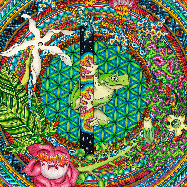 Frog clinging to a galactic stem in front of the Flower of Life, surrounded by plants and flowers