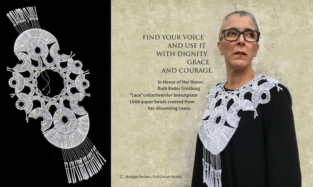 In Honor of Her Honor - Ginsburg Lace Collar/Warrior Breastplate, 1000 paper beads cut from the dissenting opinions of Supreme Justice Ginsburg
