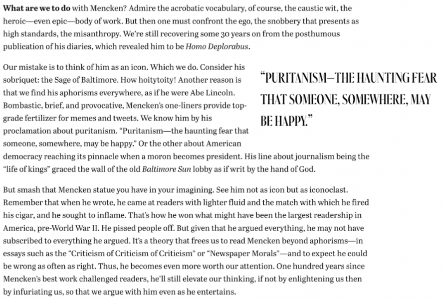 A screen capture of a short article about H.L. Mencken
