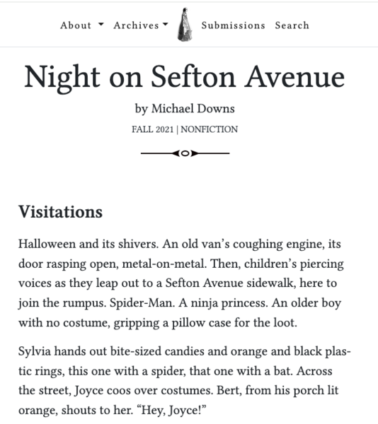 A screen capture showing the page of a web-based literary journal. With the menu, at the top, is an image of a 19th-century woman standing. Below that the title of the piece: "Night on Sefton Avenue." And below that the author's name followed by the first chapter, "Visitations."