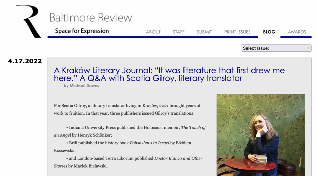 A screen grab of a blog page at the Baltimore Review website. The blog is titled "A Kraków Literary Journal" with a subtitle: “It was literature that first drew me here.” A Q&A with Scotia Gilroy, literary translator. The copy is on the left of the page and a photograph of Scotia Gilroy is on the right. She is seated at a table in a cafe with her hand supporting her chin, her arm propped on the table. The tabletop is red and the wallpaper green. Gilroy wears blue.