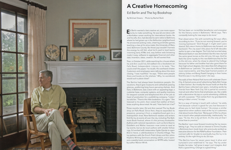 Two magazine pages. On the left, a portrait of a bookshop owner sitting at home in front of a fireplace, looking out a high window. To the right, the article titled "A Creative Homecoming."