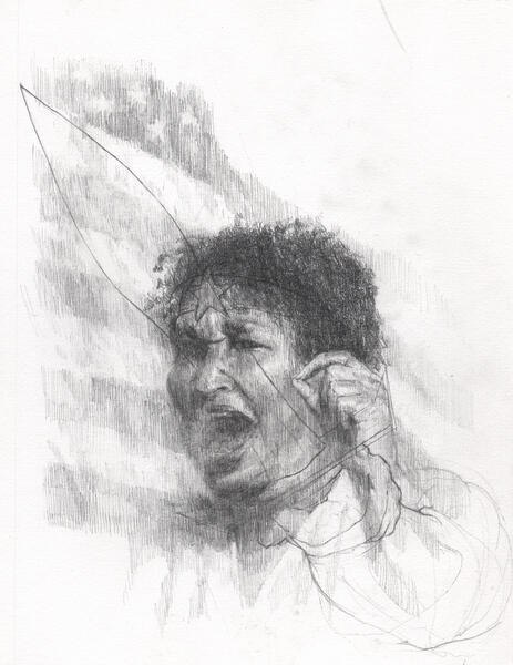 A graphite drawing of Stacey Abrams speaking with hand raised is overlaid with a line drawing of Wonder Woman pointing a sword