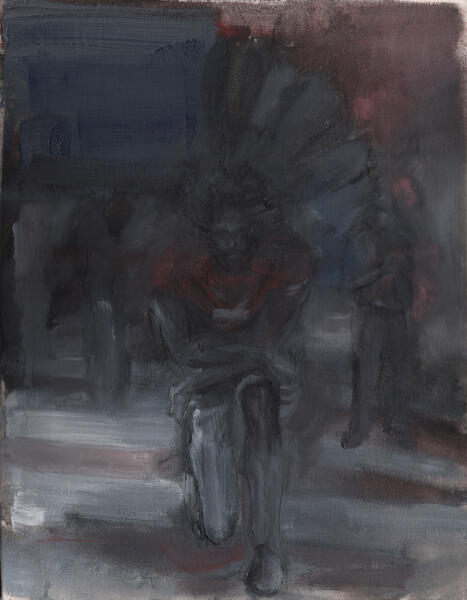 A very dark painting of a football player kneeling with paint strokes vaguely making stripes and a cape